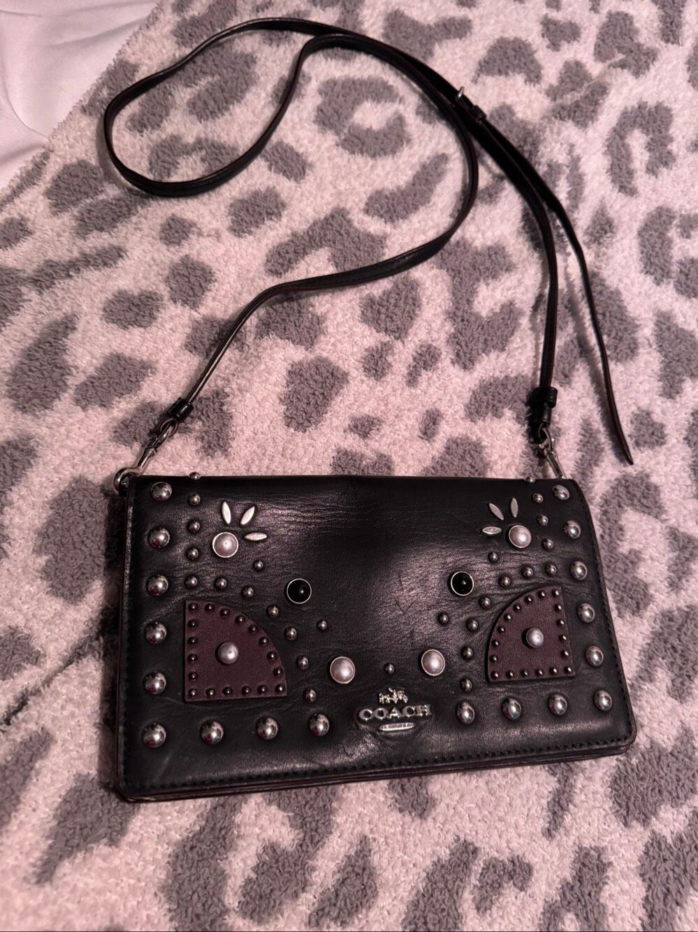 Coach western rivet studded leather crossbody wallet shoulder bag flap red black